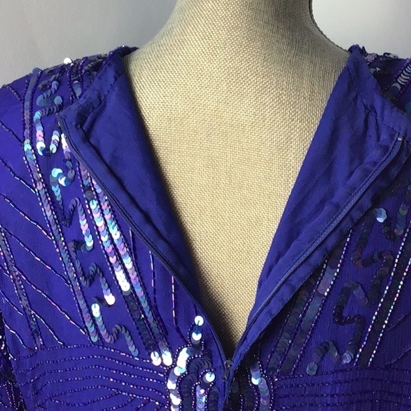 Vintage Laurence Kazar Blue Silk Sequined Scalloped Blouse size Large - Picture 6 of 8